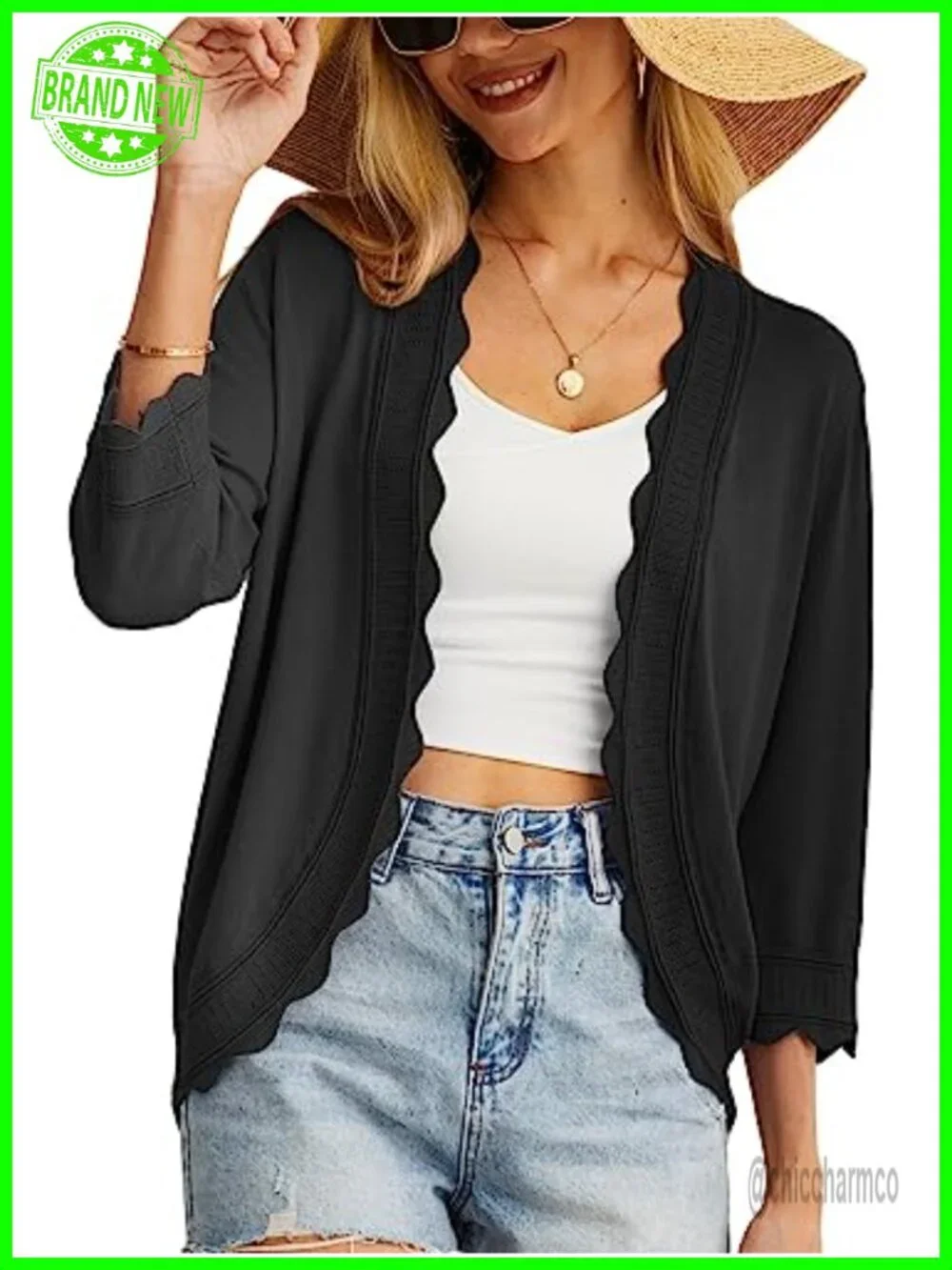 Lightweight Knit Cardigan Sweater 3/4 Sleeve Open Front